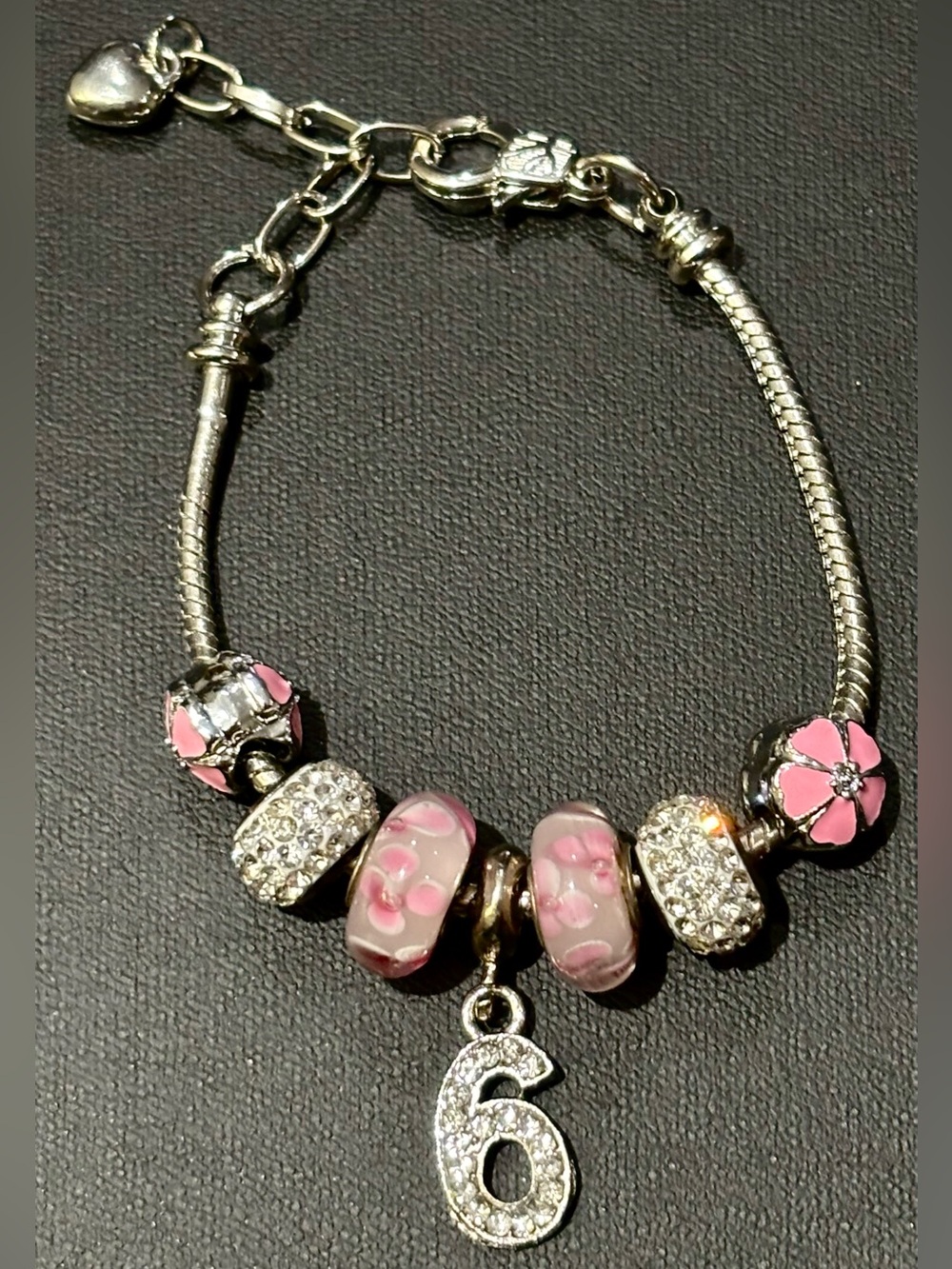 Pink and Silver Charm Bracelet Glass Beads Rhinestone Flowers #6 Dangle